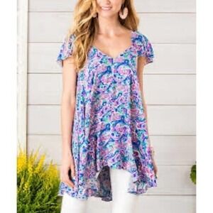 Matilda Jane Trapeze Tunic Top Small Flowy V Neck Front & Back Cap Sleeve Floral